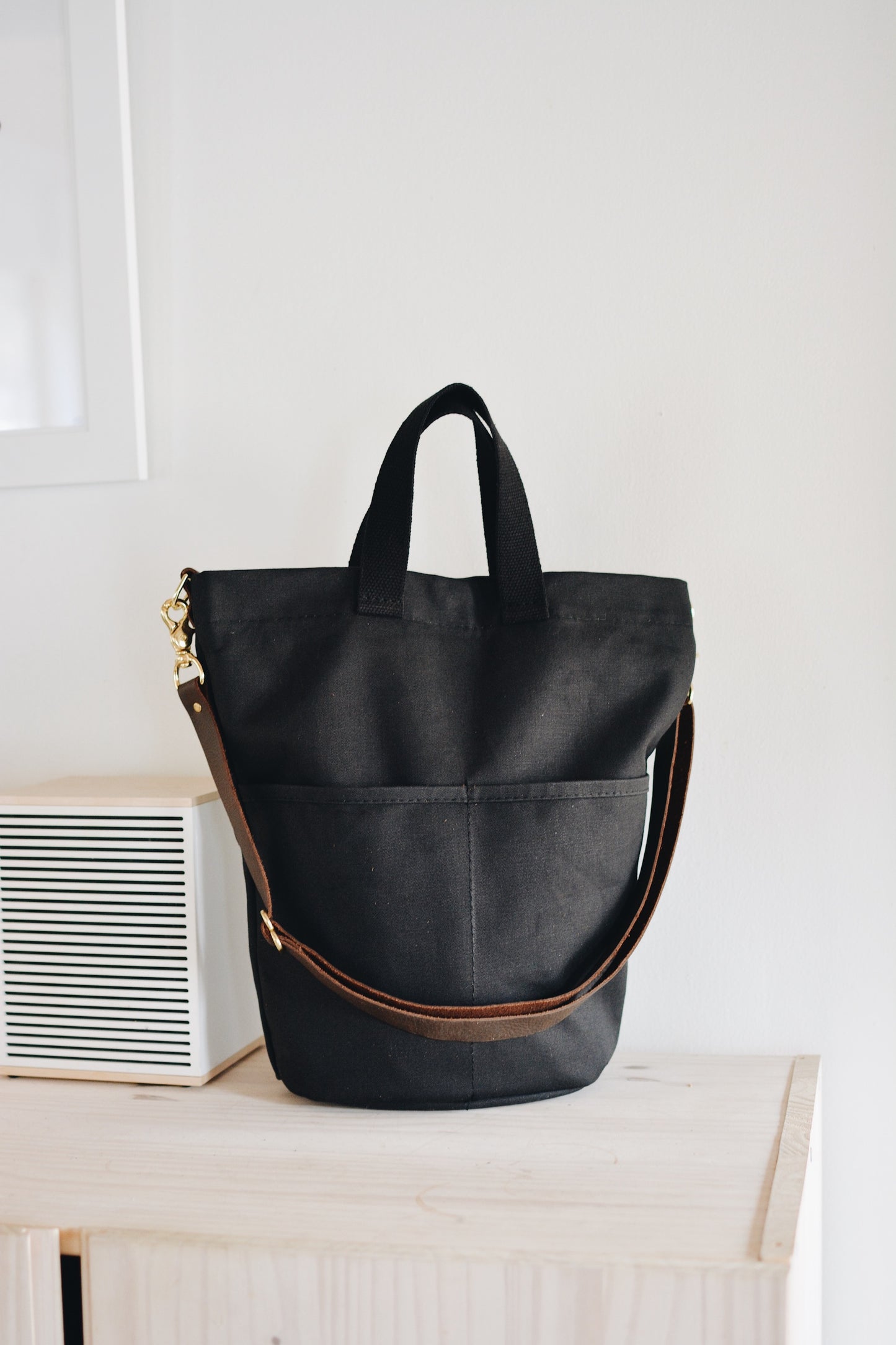 Black canvas bucket bag